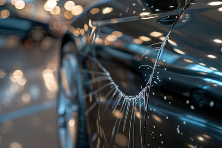 Close-up of a scratched car door. Detail vehicle damage photography. Auto repair and insurance concept for design and print.の素材