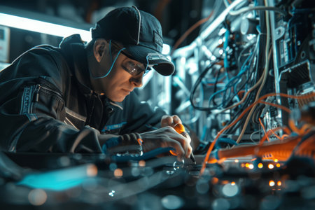 Mechanic troubleshooting car's electrical system in garage. Conceptual vehicle maintenance and repair. Design for service brochure, poster.の素材