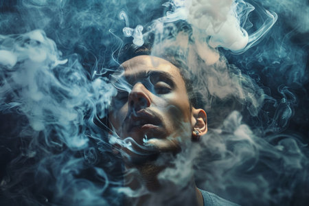 A young man exhaling smoke with a surreal smoky background.の素材