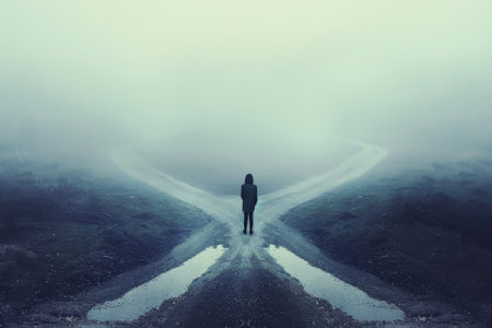 Person standing on a foggy road with converging lines. Symbolic image for solitude and choice, apt for introspective themes and book covers.の素材