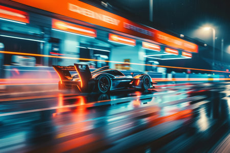 Futuristic racing car with motion blur effect on a rainy night. Dynamic sports car photography for poster and banner design.の素材