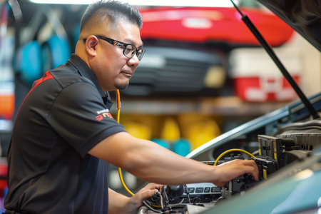 Auto technician using brand-specific diagnostic equipment on car. Professional service station photography with no copy space. Vehicle maintenance concept. Design for poster, banner.の素材