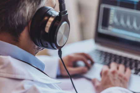 Host at podcast recording studio with professional equipment. Conceptual broadcasting and media production. Design for banner, poster, advertisement.の素材