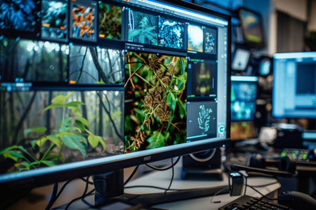 Various nature images displayed on a computer monitor. Digital image processing workspace with tools visible on screen.の素材