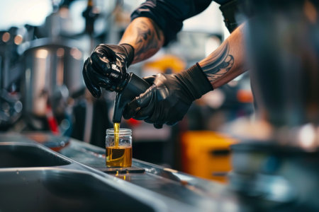 Tattooed mechanic pouring oil into car engine. Professional at work in auto repair shop. Vehicle maintenance and care concept.の素材
