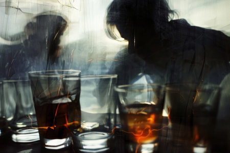 Silhouetted figures reflected on glass with whiskey against light.の素材