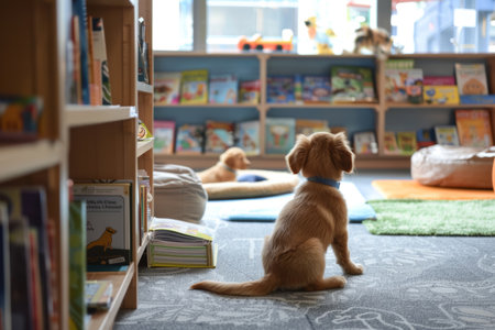Golden retriever puppy sitting in a library, surrounded by colorful children's books, suggesting learning and education.の素材