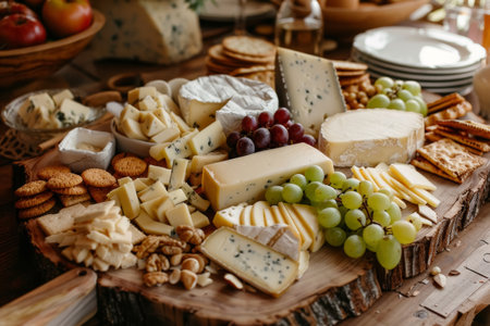 Assorted cheese types on wooden board, accompanied by nuts and grapes. Gourmet food presentation.の素材
