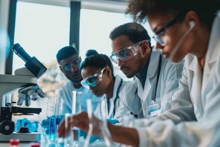 Focused group of diverse scientists working in a laboratory. Studio portrait for educational, teamwork, and research themes with copy space.の素材