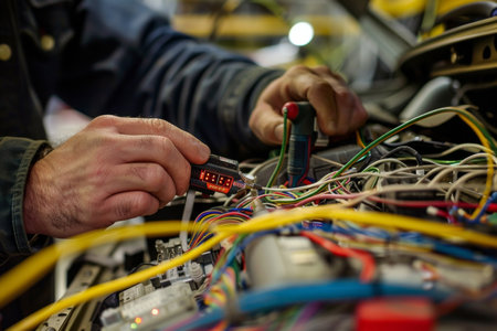 Auto mechanic testing electrical components in car engine. Technical inspection and repair of vehicle electronics. Automotive service and maintenance concept.の素材