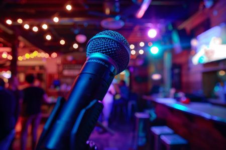 Microphone in focus with a bokeh effect of colorful nightclub lights. Interior live music photography with space for text.の素材