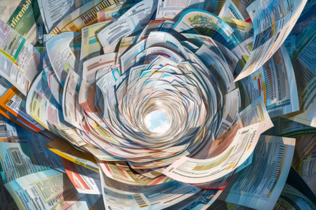 Digital collage of various receipts swirling in vortex. Financial documentation concept for poster and banner design.の素材