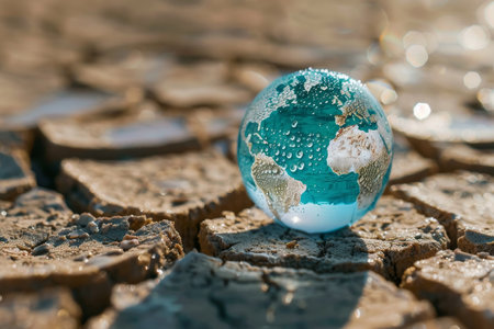 Globe with water droplets on a cracked soil background. Environmental conservation concept for design and print.の素材