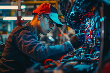 Detail of a technician calibrating advanced automotive electronics. Auto industry technology concept for design.の素材