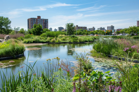 Natural urban wetland treating water with greenery and pathway. Ecological engineering concept for environment and design.の素材