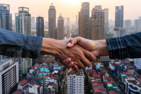 Two hands shaking firmly with blurred cityscape in the background. Business partnership concept.の素材