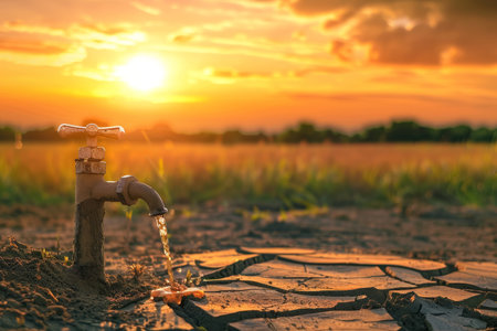 Water tap in cracked earth with sunset background. Environmental water scarcity and drought concept. Design for posters, banners, awareness campaigns.の素材