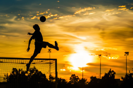 Silhouette of a soccer player heading a ball at sunset. Dramatic outdoor sports scene with a golden sky. Football training concept for banner and poster design.の素材