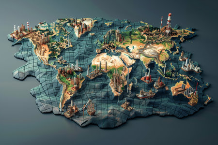 Stylized global map showcasing industrial regions. Artistic 3D rendering. Geographical and industrial concept. Design for educational material, poster.の素材