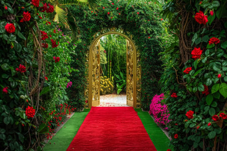 Golden double doors set against lush greenery and vibrant flowers, red carpet path. Serene garden walkway leading to entrance. Concept for elegant events and garden design.の素材