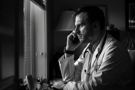 Pensive doctor in thoughtful pose making a phone call. Private healthcare conversation concept.の素材