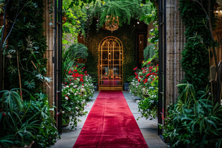 Golden double doors set against lush greenery and vibrant flowers, red carpet path. Serene garden walkway leading to entrance. Concept for elegant events and garden design.の素材