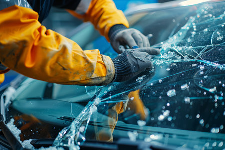 Technician in uniform installing a new windshield on a vehicle inside a workshop. Automotive repair and maintenance concept for banner and poster.の素材