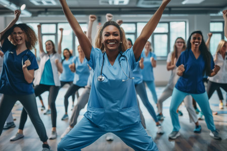 Joyful healthcare staff dancing in hospital gym. Conceptual teamwork and positivity in healthcare. Design for event flyer, poster, banner.の素材