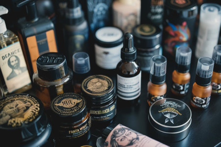 Variety of dark glass bottles with mystical labels on a wooden shelf, surrounded by plants. Gothic-style product photography.の素材