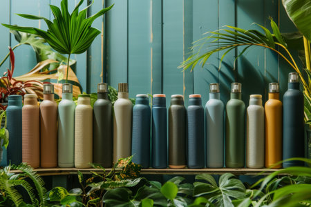 Variety of reusable water bottles on shelf amidst green plants. Eco-friendly lifestyle product photography. Sustainability and environment concept for design.の素材