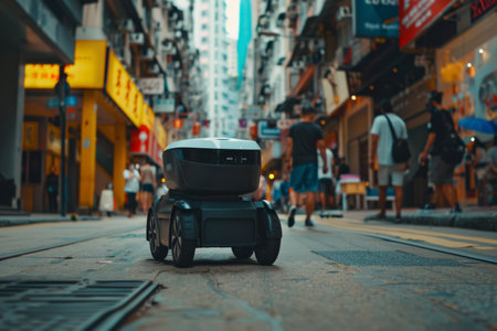 Futuristic autonomous delivery robot on a busy city sidewalk at night. Urban technology lifestyle photography with copy space. Robotics and AI delivery concept. Design for banner, poster.の素材