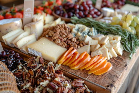 Assorted cheese types on wooden board, accompanied by nuts and grapes. Gourmet food presentation.の素材