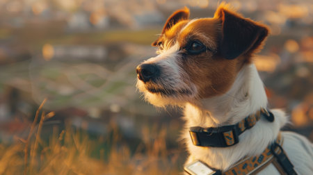 Jack Russell Terrier wearing a GPS tracker collar looking at sunset over cityscape. Canine technology in urban setting.の素材