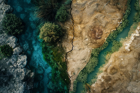 Aerial view capturing the stark contrast between water-rich greenery and parched land. Graphic illustration of environmental change. Suitable for themes of ecology and climate awareness.の素材