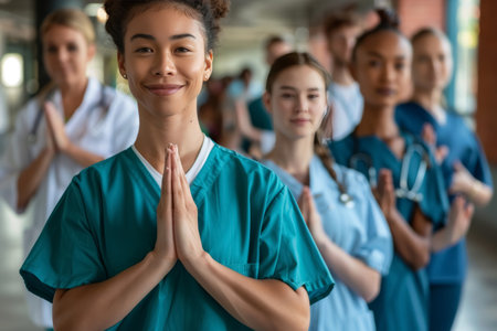 Joyful healthcare staff dancing in hospital gym. Conceptual teamwork and positivity in healthcare. Design for event flyer, poster, banner.の素材