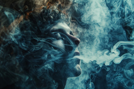 A young man exhaling smoke with a surreal smoky background.の素材