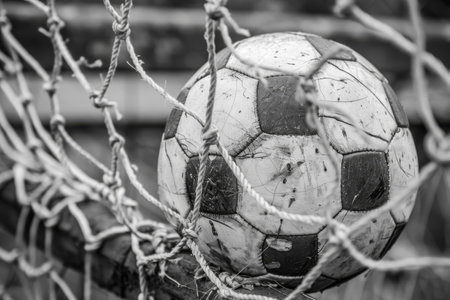 Close-up of an aged soccer ball in goal net. Vintage sports memorabilia concept for design and print.の素材