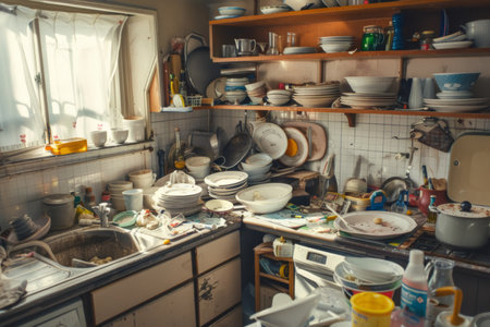 Overfilled kitchen sink and counter with dirty dishes. Realistic indoor photography with no copy space. Kitchen cleaning and hygiene concept. Design for poster, banner.の素材