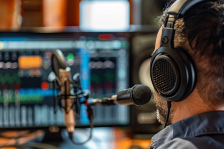 Host at podcast recording studio with professional equipment. Conceptual broadcasting and media production. Design for banner, poster, advertisement.の素材