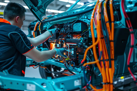 Detail of a technician calibrating advanced automotive electronics. Auto industry technology concept for design.の素材