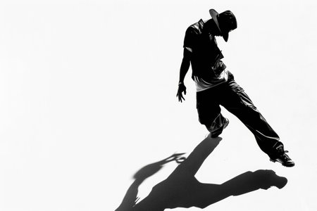 Monochrome silhouette of hip hop dancer with shadow. Dynamic dance and performance concept. Design for poster, invitation, and banner.の素材