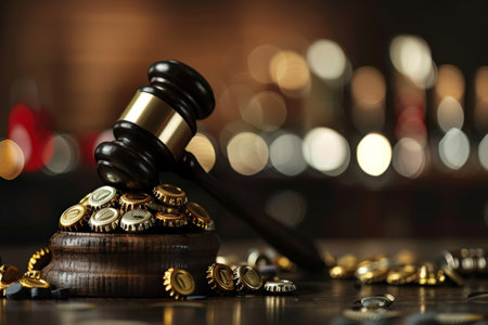 Close-up of a judge's gavel lying on many beer bottle caps.の素材