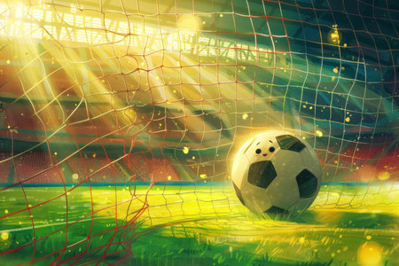 Cartoon soccer ball in net on stadium backdrop. Sports event and game concept. Design for invitation, postcard.の素材