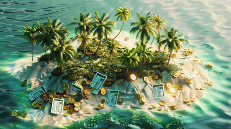 Tropical island with coins and financial documents. Wealth management concept. Offshore banking and finance concept for design and wallpaper.の素材