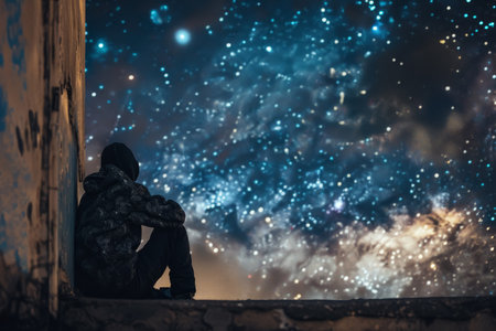 Person seated looking at starry night sky. Conceptual photography with a cosmic backdrop. Design for poster, banner.の素材