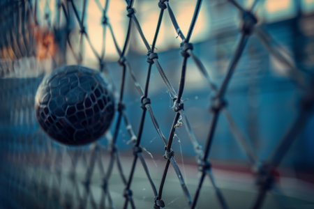 Close-up image of a soccer ball caught in the goal net, detailing the texture and pattern.の素材