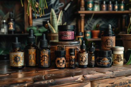 Variety of dark glass bottles with mystical labels on a wooden shelf, surrounded by plants. Gothic-style product photography.の素材