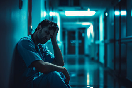 Exhausted doctor sitting in hospital corridor. Emotional healthcare and work stress concept. Design for healthcare services poster, banner.の素材