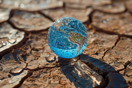 Globe with water droplets on a cracked soil background. Environmental conservation concept for design and print.の素材