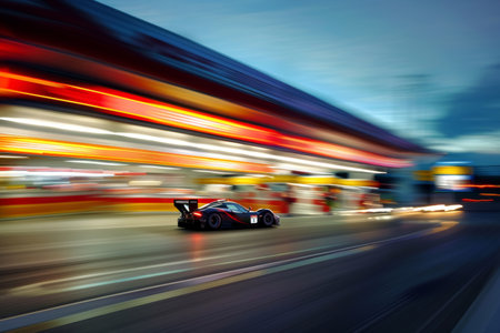Futuristic racing car with motion blur effect on a rainy night. Dynamic sports car photography for poster and banner design.の素材